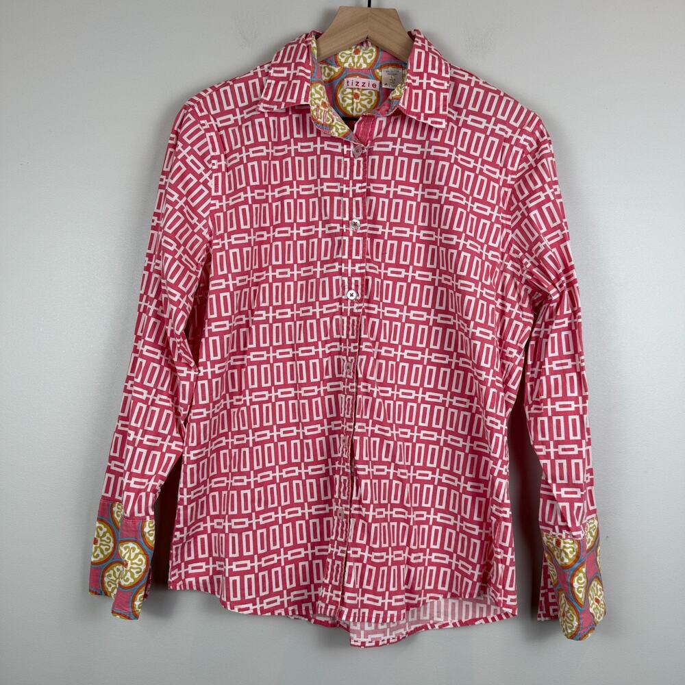 Tizzie Button Up Shirt Women's Large White Pink LS Geometric Contrast‎ Cuff Art